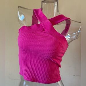 Zara Pink Ribbed Asymmetrical Crop Tank Top